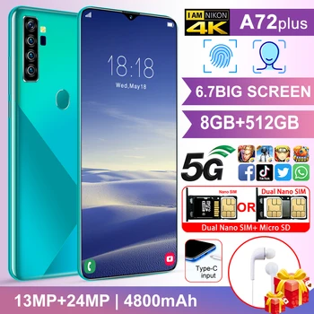 New A72 Plus 6.7inch Big Srccen Smartphones 4 HD Camera 8GB+512GB 10-Core Android10 5G Cellphones 4800mAh Dual SIM Mobile Phone
New A72 Plus 6.7inch Big Srccen Smartphones 4 HD Camera 8GB+512GB 10-Core Android10 5G Cellphones 4800mAh Dual SIM Mobile Phone