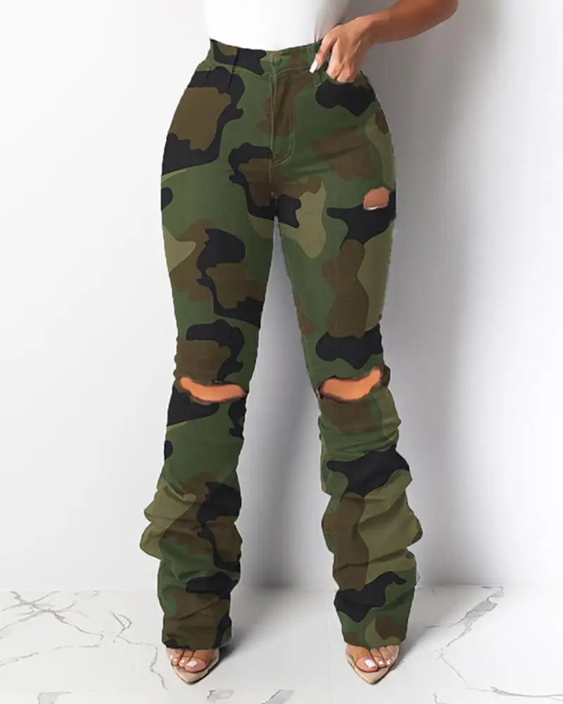 

2020 Women Fashion Elegant High Waist Camouflage Cut Out Ruched Layered Pants Casual Bell-Bottomed layered Long Pants Plus Size