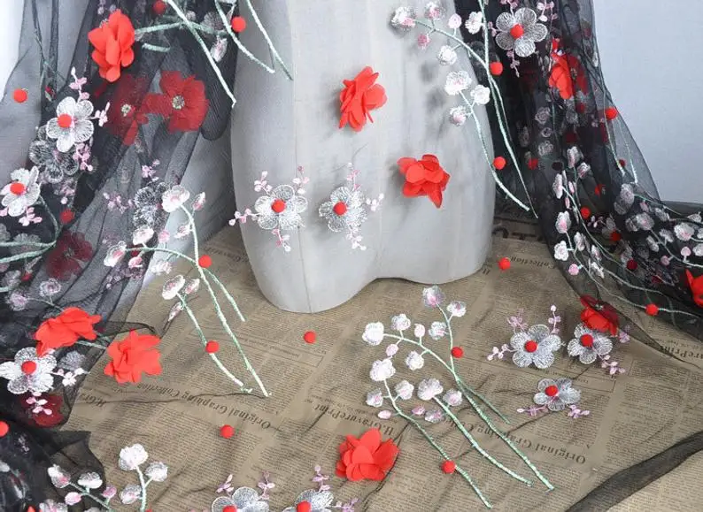 Black Tulle Red 3D Flower And Pom Pom Embroidery Floral Lace Fabric Wedding Lace Bridal Lace Veil Lace 51" Width By The Yard
Black Tulle Red 3D Flower And Pom Pom Embroidery Floral Lace Fabric Wedding Lace Bridal Lace Veil Lace 51" Width By The Yard