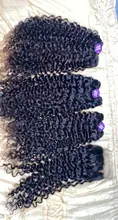 Mongol Afro rizado Pelo Rizado de la onda de agua 3 mechones con cierre cabello humano brasileño armadura paquete negro las mujeres XISHIXIU