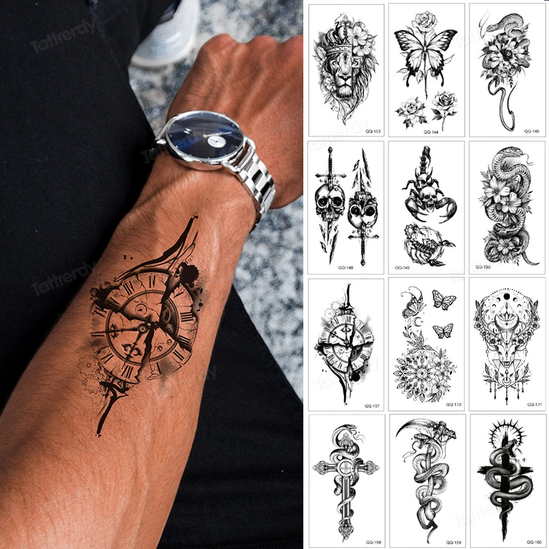 12pcs/lot hand tattoo men boy compass snake dragon temporary sticker black water transfer small size totem tribal | Красота и