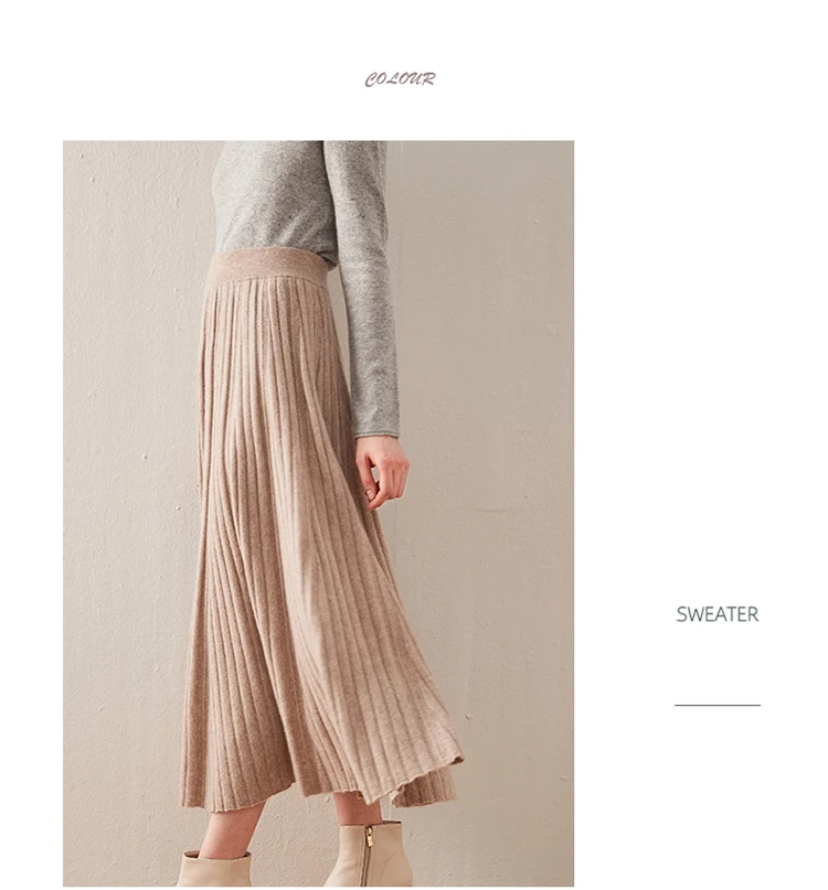 Autumn/Winter Hepburn style vintage black mercerized pure wool knit skirt with a high-waisted versatile pleated skirt