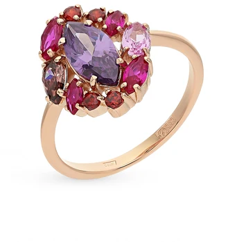 Gold ring with rhodolite, amethyst, corundum and cubic zirconia sunlight sample 585
Gold ring with rhodolite, amethyst, corundum and cubic zirconia sunlight sample 585