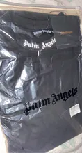 Palm Angels carta logotipo Unisex de los hombres las mujeres AMANTES DE Estilo de pareja de moda de algodón de manga corta de cuello redondo Camiseta novio regalo