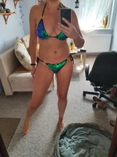 Nayooton-Conjunto de Bikini triangular con lentejuelas brillantes para mujer, ropa de playa Sexy con cordón, traje de baño de cuello alto cruzado con cuello Halter, traje de baño de cintura baja