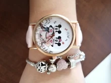 Zegarki-reloj de cuarzo con dibujos animados para mujer, nuevo accesorio de pulsera de cuero rosa con ratón