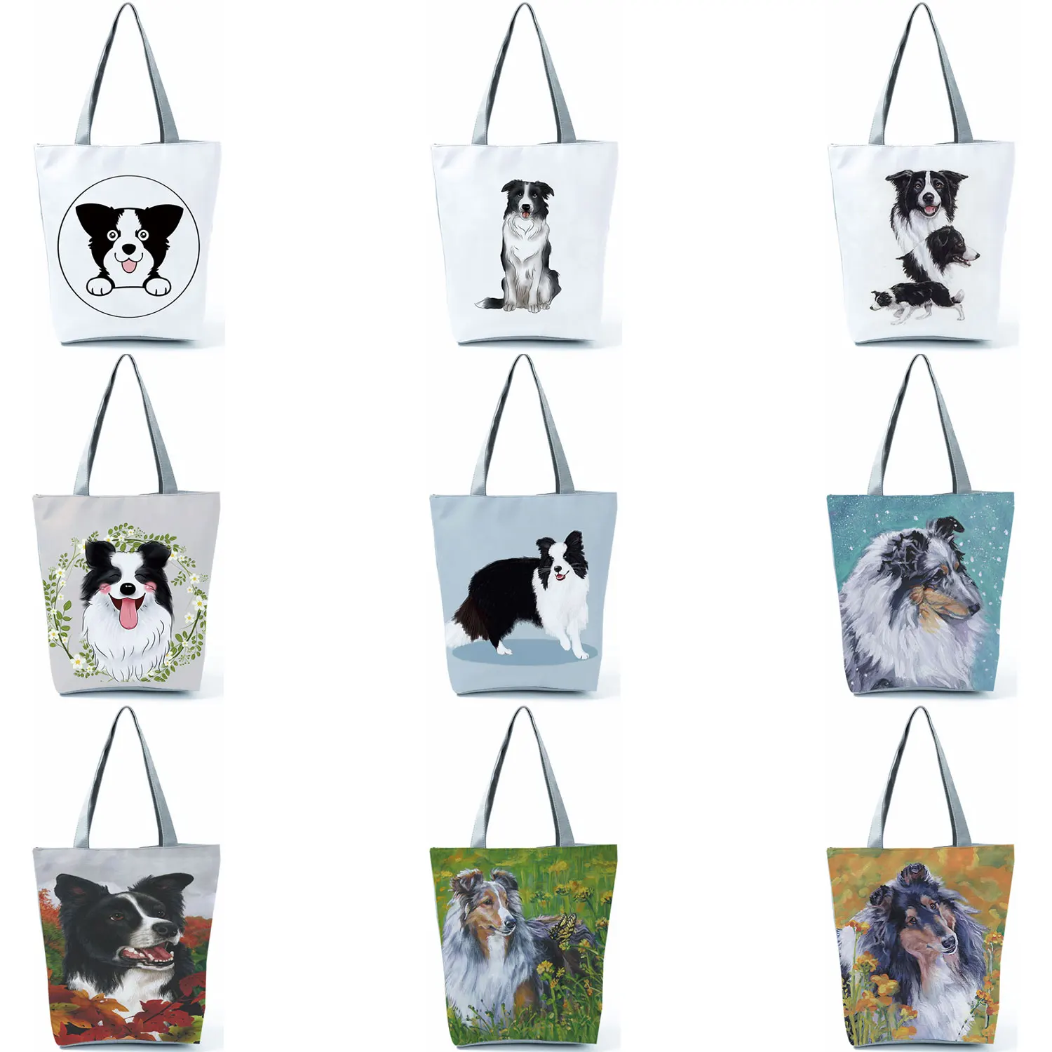 

Popular Watercolor Collie Dog Print Tote Bag For Women Cute Shoulder Handbags Foldable Eco Reusable Shopping Bags Custom Pattern