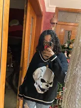 Rapcopter-suéteres Y2K para mujer, suéteres de calaveras con cuello de pico, Tops tejidos informales holgados, ropa de calle, Tops Retro, azul, otoño 2020