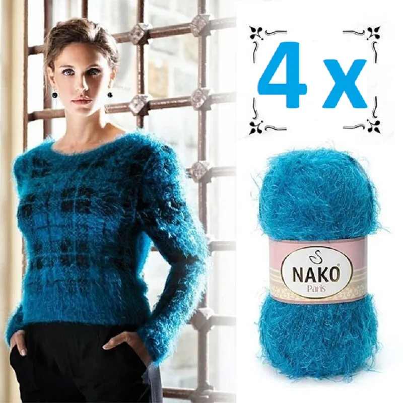 

NAKO Paris Yarn 4x100g Hand Knitting Crochet Soft Plush Mink Merino Cashmere Genuine Thread Feather Fur Eyelash Dyed Scarf Shawl