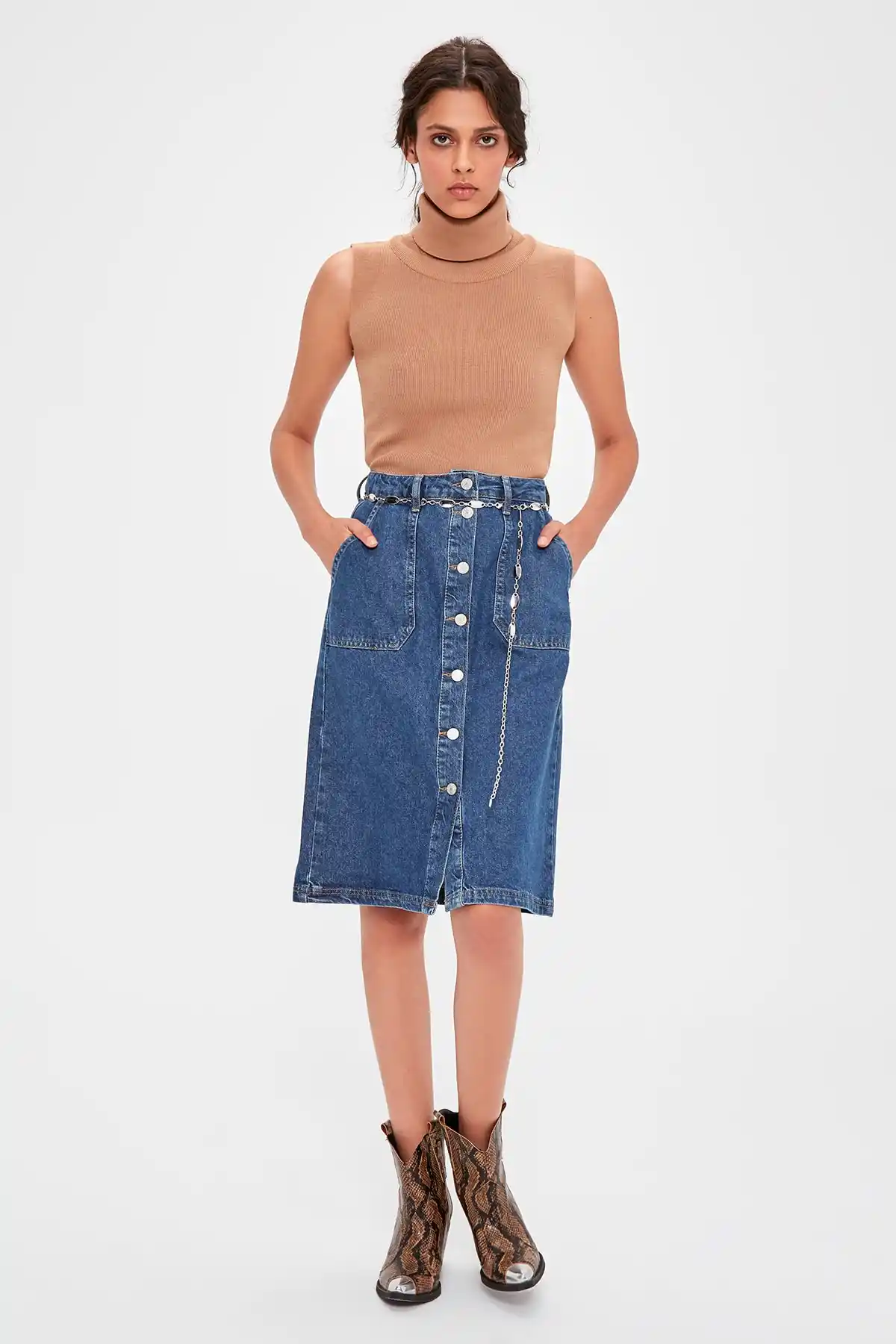 trendyol navy blue button detailed denim skirt twoaw20et0329