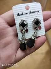 HOMOD-pendientes largos de cristal para mujer, aretes, Clips, Color negro, plateado, Vintage, a la moda, No perforados, Rojo