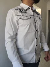 Camisa vaquera occidental para hombre, camisa masculina de manga larga con diseño de marca bordado, corte ajustado, informal, para fiesta de boda