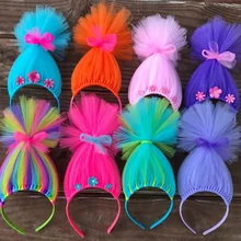 1pc Trolls Headband Kids Birthday Party Hair Accessories Princess Rainbow Troll Hair Tulle Headband Kids Halloween Costume