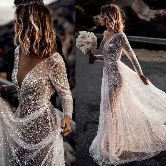 Женское прозрачное свадебное платье, элегантное кружевное платье с длинным  рукавом, 2020| | | АлиЭкспресс