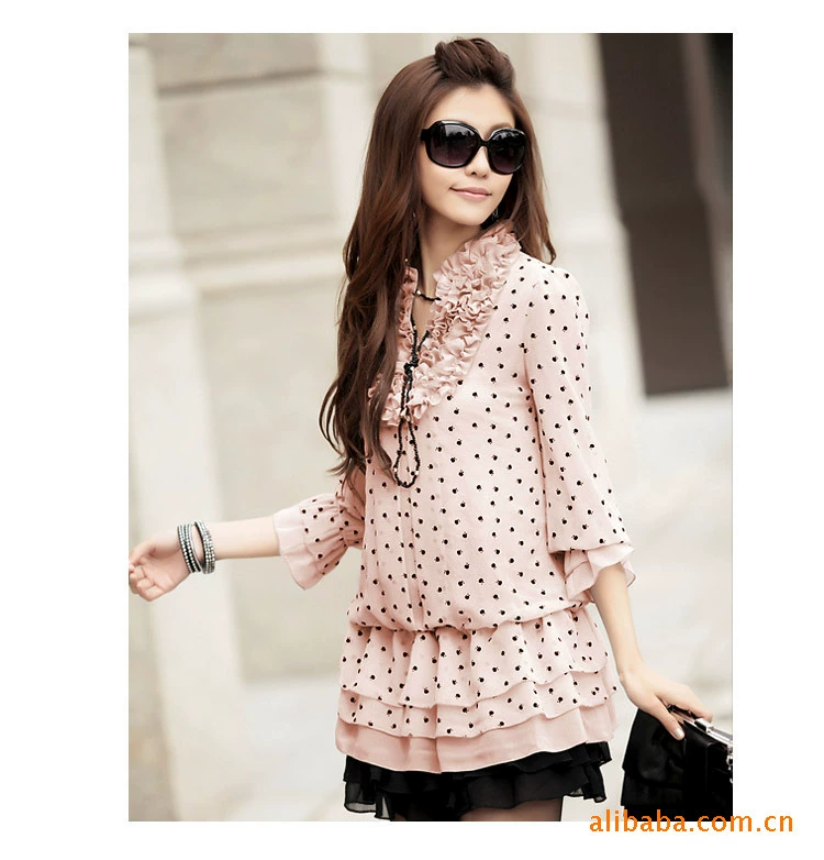 2012 three quarter sleeve chiffon ruffle one-piece dress layered dress summer medium-long top female