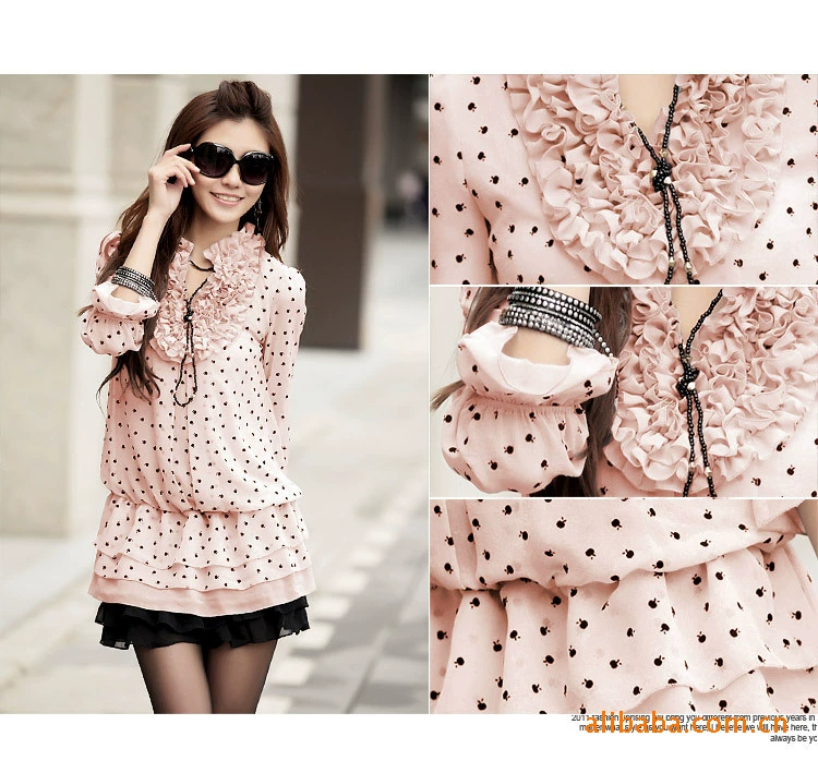 2012 three quarter sleeve chiffon ruffle one-piece dress layered dress summer medium-long top female