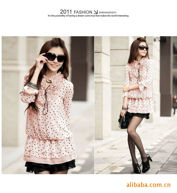 2012 three quarter sleeve chiffon ruffle one-piece dress layered dress summer medium-long top female