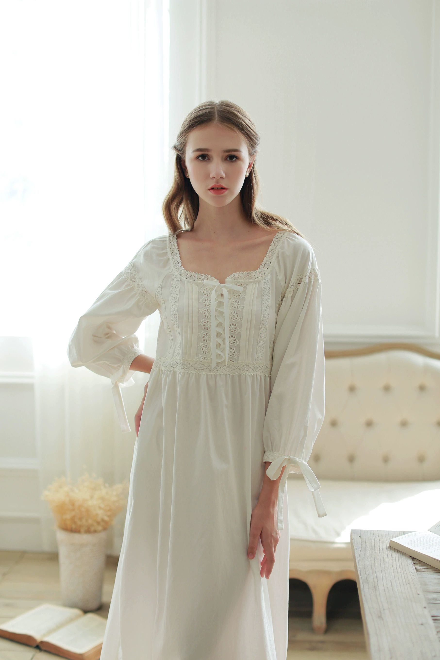Medieval Retro Long Nightgown Full Sleeve Cotton Sleepwear Square