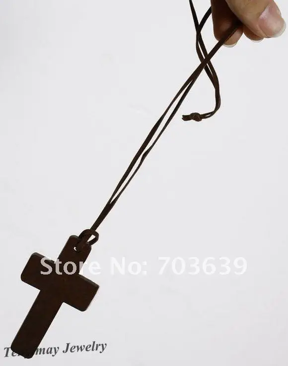 Free Shipping 12pcs Cross Shape Necklace With Leather Cords, Wood Cross Charms Necklace, Fashion Leather Necklace
