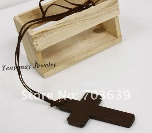 Free Shipping 12pcs Cross Shape Necklace With Leather Cords, Wood Cross Charms Necklace, Fashion Leather Necklace