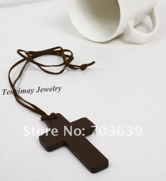 Free Shipping 12pcs Cross Shape Necklace With Leather Cords, Wood Cross Charms Necklace, Fashion Leather Necklace
