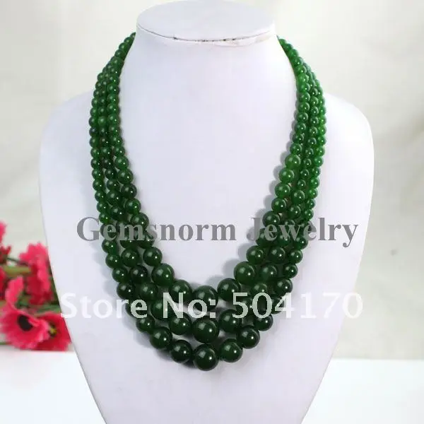 Free Shipping Fabulous 3 Strands Dark Green Jade Gemstone Necklace Shiny Beads Fashion Ladies Jewelry Fit Formal Affairs GS043