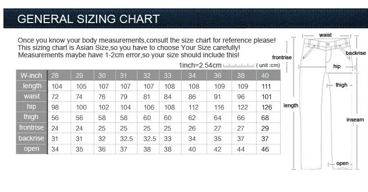 us men's jeans size chart
