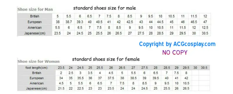 shoes standard size chart