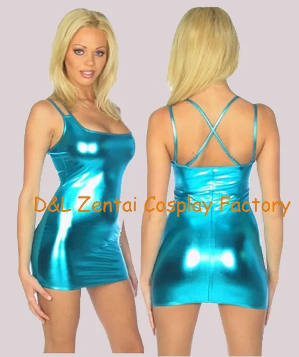 Free Shipping DHL Halloween Costumes Sexy Women's Blue Shiny Metallic Spandex Zentai Dress Catsuits Fantasy Carnival Costume (2)