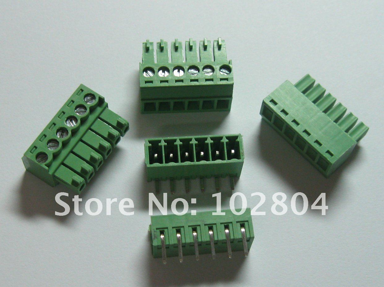 100 pcs Angle 6pin/way Pitch 3.81mm Screw Terminal Block Connector Green Color Pluggable Type with angle pin