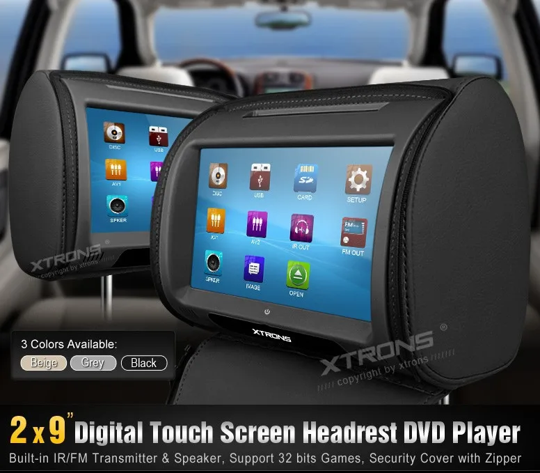 Best Black 2x9" Touch Screen Car Headrest DVD Player with 2 IR Headphones 8 Bits & 32 Bits Games Black Color 1