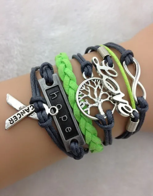 Infinity, Love, Tree of Life, Hope & Breast Cancer Awareness Ribbon Bracelet in Silver - Grey Wax Cords and Lime Green Suede Braid Bracelet 1744