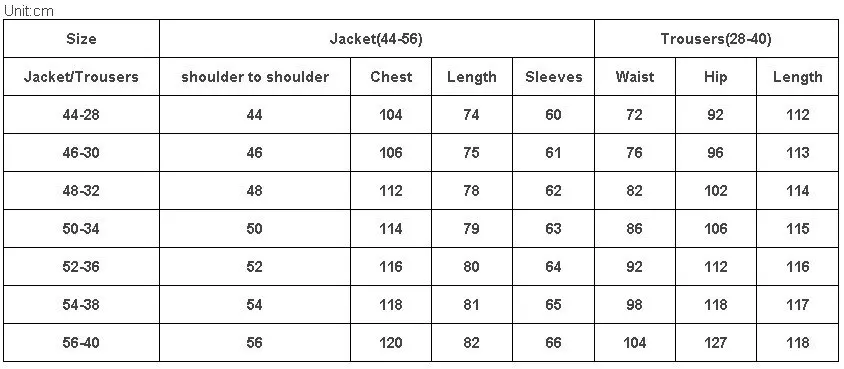 men suit sizelist