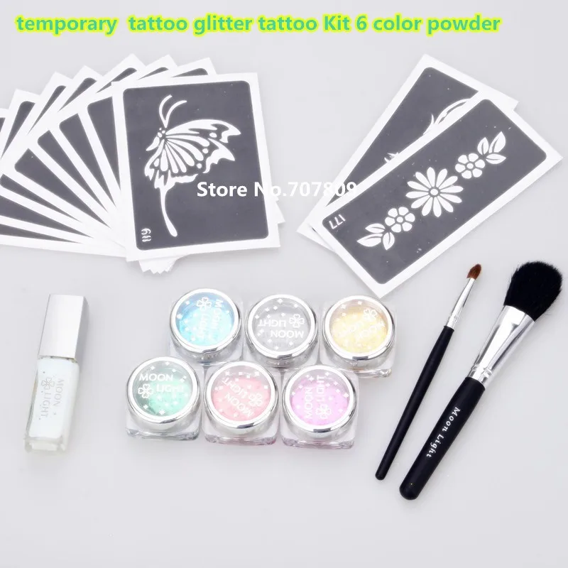Conjuntos-atacado-kit de Tatuagem de Glitter Cores em pó com Fornecimento de Escova de Cola de Estêncil 2 c 6 2 Tatuagens temporárias