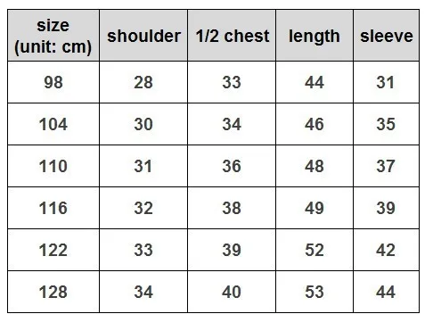 size chart for rainbow plaid and heart topolino jacket