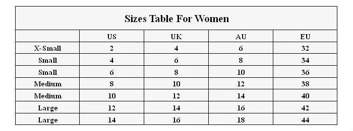 sizes table for women