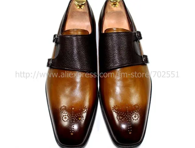 Free shipping mackay handmade pure genuine calf leather men's monk straps color brown No.MS24