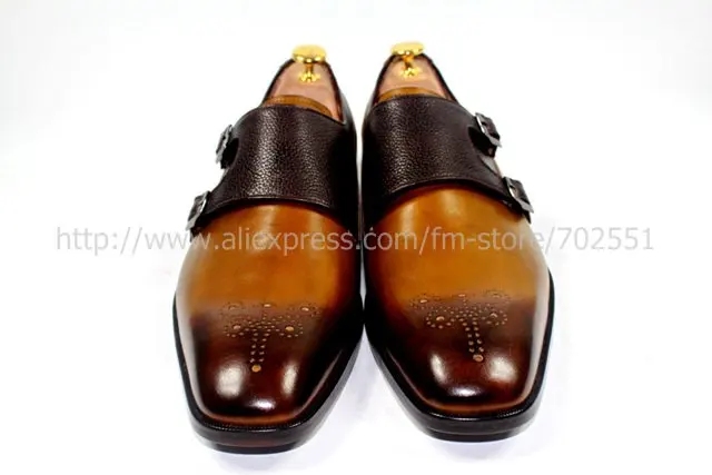 Free shipping mackay handmade pure genuine calf leather men's monk straps color brown No.MS24