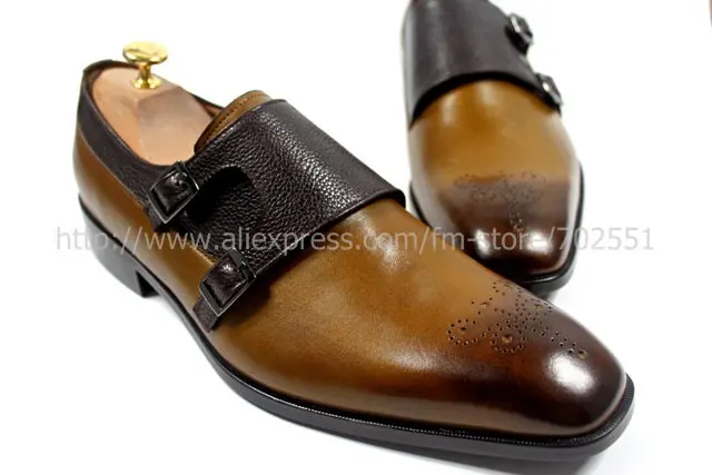 Free shipping mackay handmade pure genuine calf leather men's monk straps color brown No.MS24