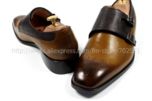Free shipping mackay handmade pure genuine calf leather men's monk straps color brown No.MS24