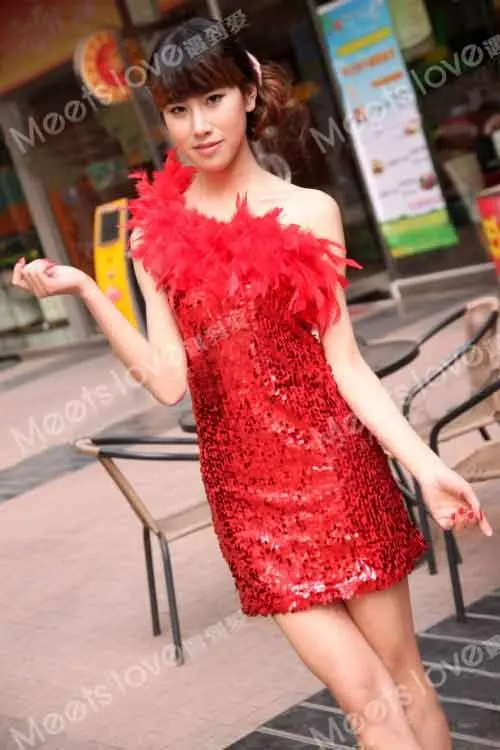 Wholesale Cheap One-shoulder New Sleeveless Sequin Trim feather dress adult stage sexy costume Dancing dress dance wear