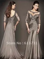 Wholesale - Blue Mermaid Satin Evening Dresses with beaded embellishments and long sleeves 78590D