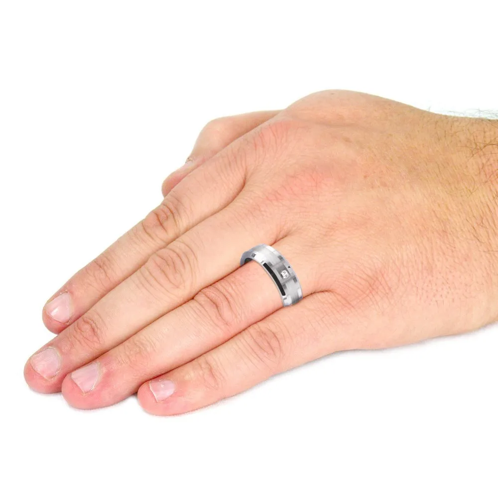 West-Coast-Jewelry-Mens-Tungsten-Carbide-Brushed-Cubic-Zirconia-Center-Comfort-Fit-Ring 3