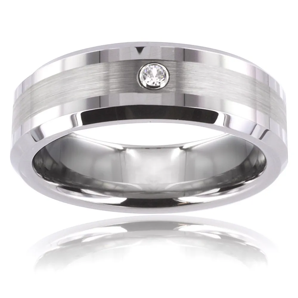 West-Coast-Jewelry-Mens-Tungsten-Carbide-Brushed-Cubic-Zirconia-Center-Comfort-Fit-Ring 2