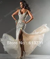 Custom New Champagne Women Cap Sleeve Beaded Crystals Rhinestone Floor Length High Split Tulle Prom Dresses 2013 113C16