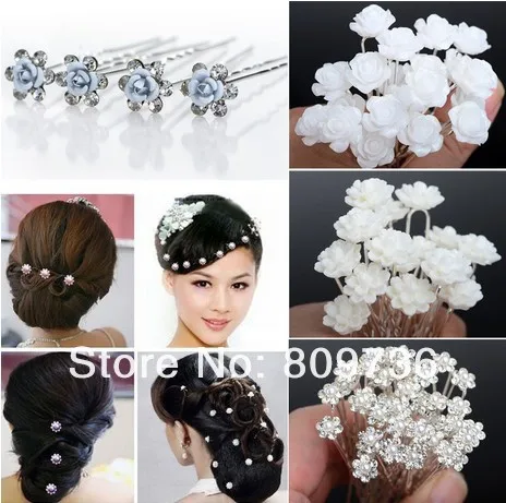 20/40Pcs/Lot Wedding Bridal Pearl Rose Flower Hair Pins Rhinestone Crystal Clips 