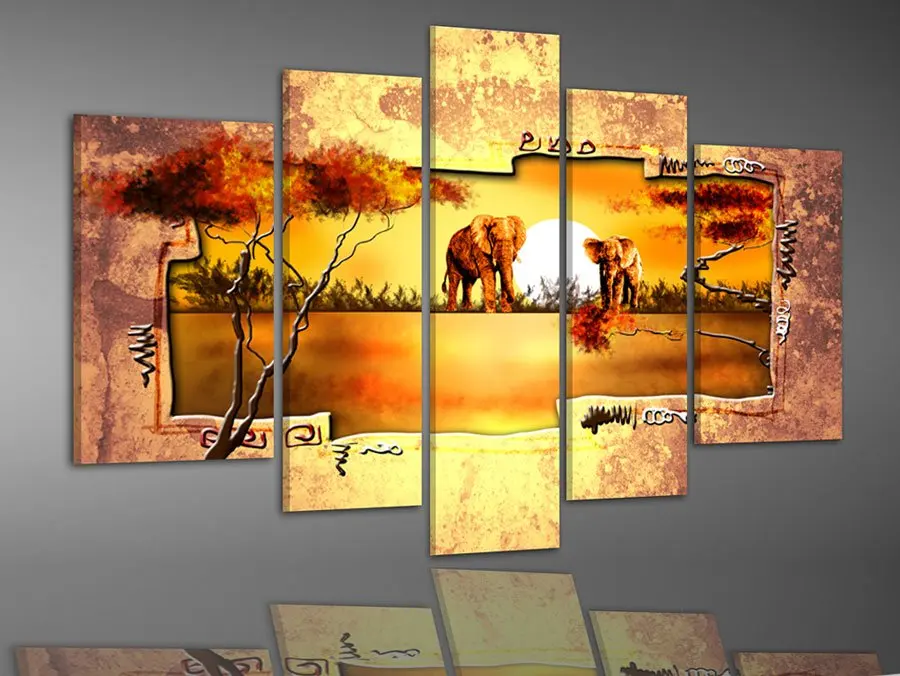 hand painted multi panel canvas wall art warm elephant forest home