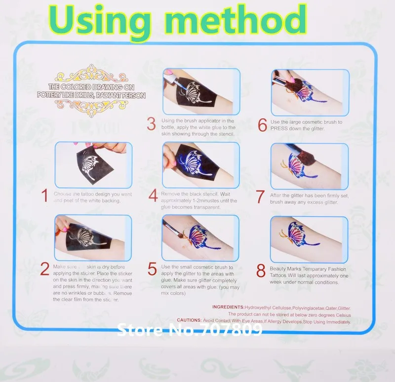 Conjuntos-atacado-kit de Tatuagem de Glitter Cores em pó com Fornecimento de Escova de Cola de Estêncil 2 c 6 4 Cheap Tatuagens temporárias