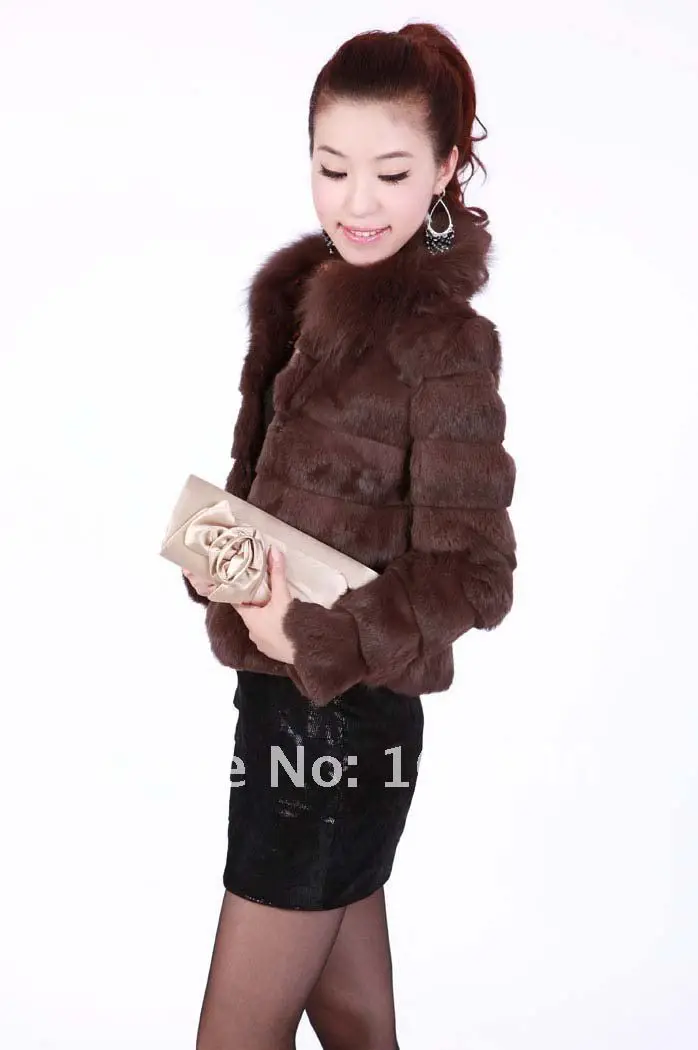 VK0004 Lady Fashion Genuine Sheared Rabbit Fur Jacket with Fox Collar Short Style Free shipping in stock 