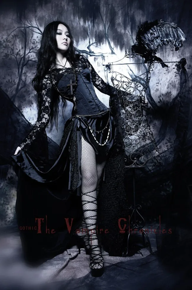 Black Gothic  Corset Wedding Dress With Long Sleeve Lace Shirt (1)
